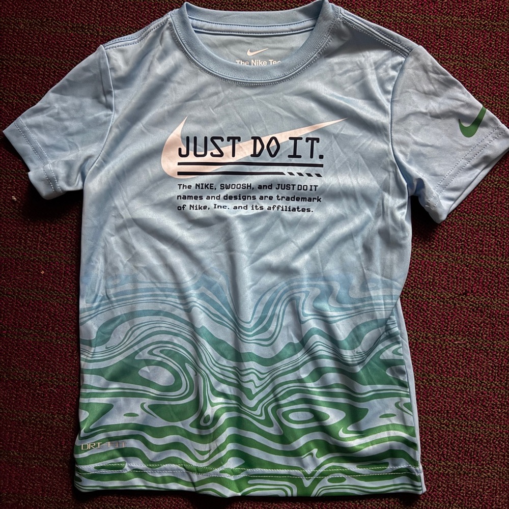 Nike Boys’ Dri-Fit “Just Do It” Tee – Blue & Green Performance Shirt (Size 5)